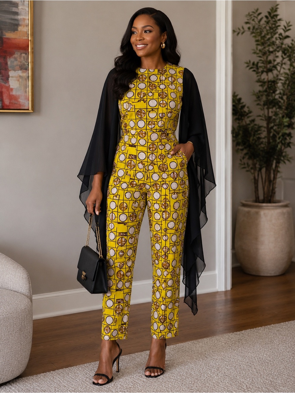 Yellow Geometric Print Jumpsuit with Black Sheer cascading sleeves